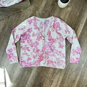 Pure Collection Floral Cashmere Button Up Cardigan Sweater Pink Sweet